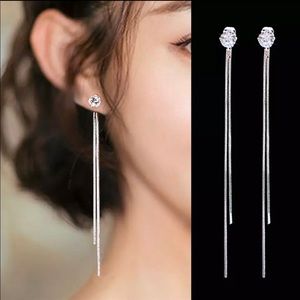Silver Long Crystal Tassel Dangle Earrings